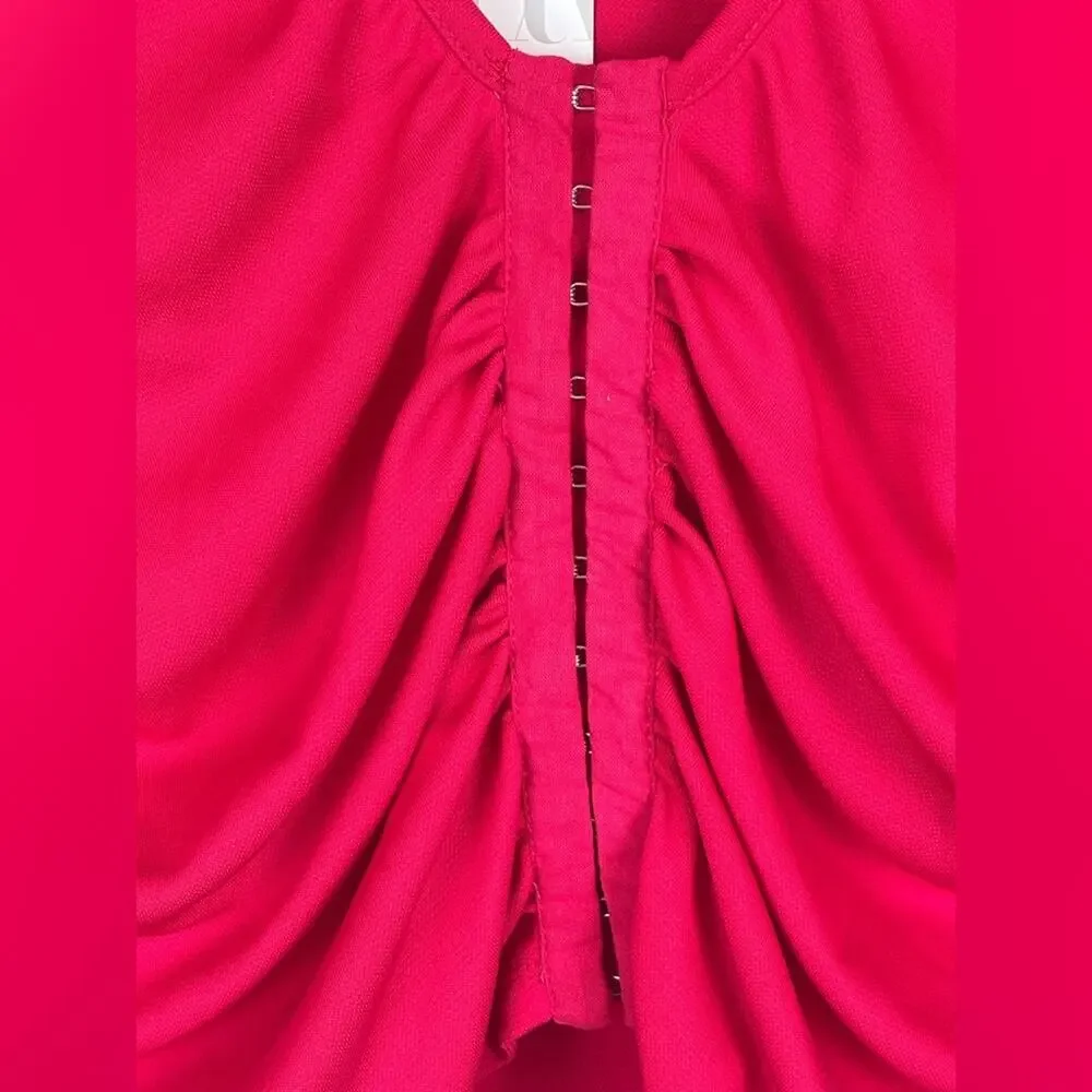 NWT Zara Ruched Hot Pink Fitted Cropped Ruched Long Sleeve Blouse Top Size Large - Picture 4 of 10